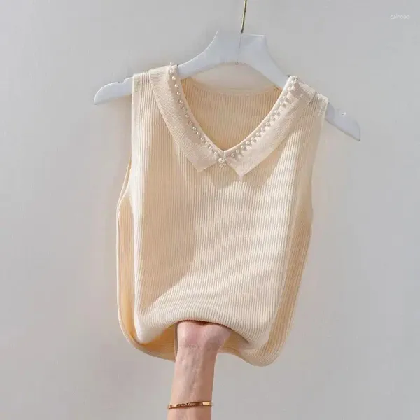 Tanques de mujeres 200 libras decoración de perlas Ice seda de seda chaleco para collar de muñecas cubriendo el vientre ropa exterior sólida top sin mangas