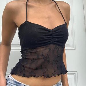 Vrouwen Tanks 2000 s Esthetische Vrouwen Crop Tops Zwarte Bloem Sheer See Through Spaghetti Band Mouwloos Halter Mesh Kleding streetwear