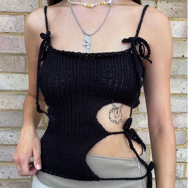 Tanks pour femmes 2000s rétro mignon noir tricoté crop tops sexy découpé bandage spaghetti sangle camisole y2k vintage grunge dos nu mini gilet