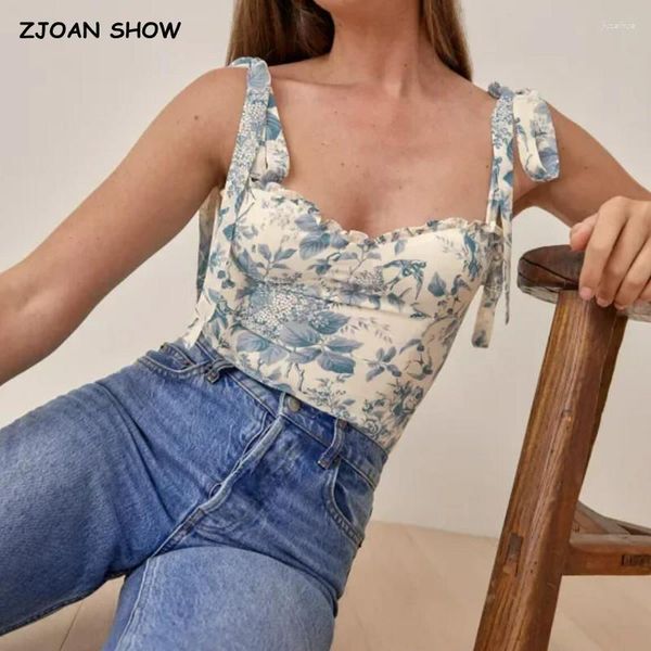 Camisetas sin mangas para mujer 2023, tirantes ajustables con lazo, camisola con estampado Floral azul y blanco, camisetas sin mangas cortas fruncidas de Corest para mujer, camisetas cortas sexis ajustadas para chica