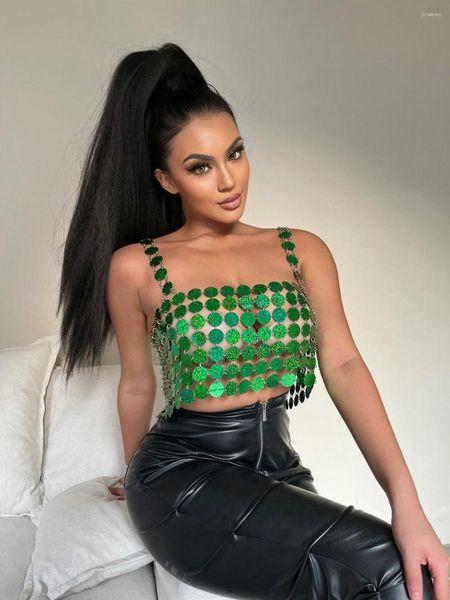 Débardeurs pour femmes 2023 Bling femmes vert acrylique perles soutien-gorge débardeurs Sexy court dos nu chemise à paillettes Camis boîte de nuit poitrine corps chaîne