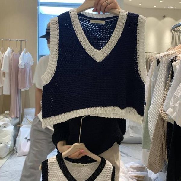 Regata feminina 2023 no início do outono moda colorblock emagrecimento versátil decote em V sem mangas colete de malha para mulheres vestido bandagem