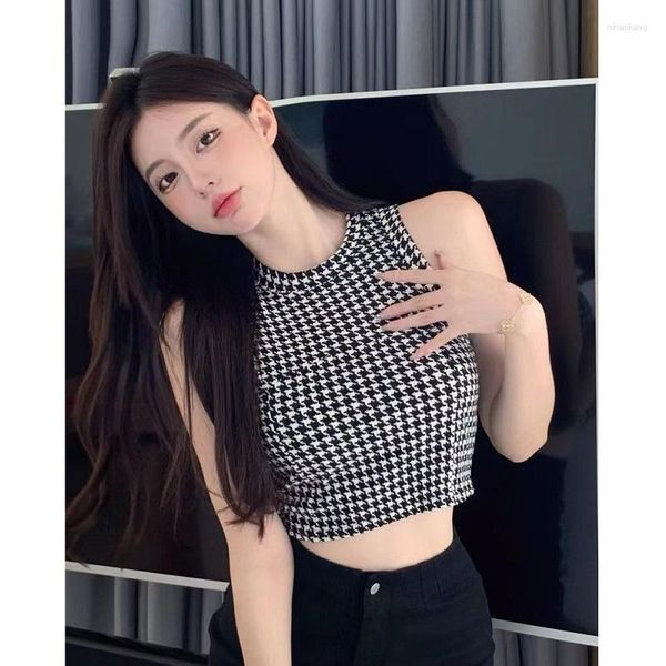 Débardeurs femme 2023 début printemps fille col rond court ouvert nombril bas chemise Vintage Plaid zèbre Y2k débardeur