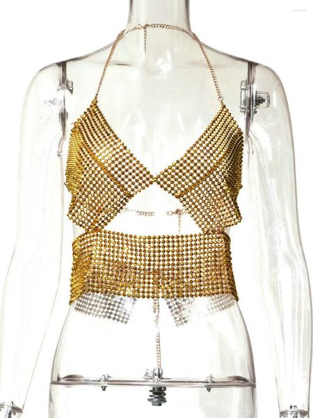 Tanks pour femmes 2023 Européen Cut Off Sexy Mesh Strass Camisole pour femmes Dos nu Halter Gilet Danse Performance Poitrine Corps Chaîne Bijoux