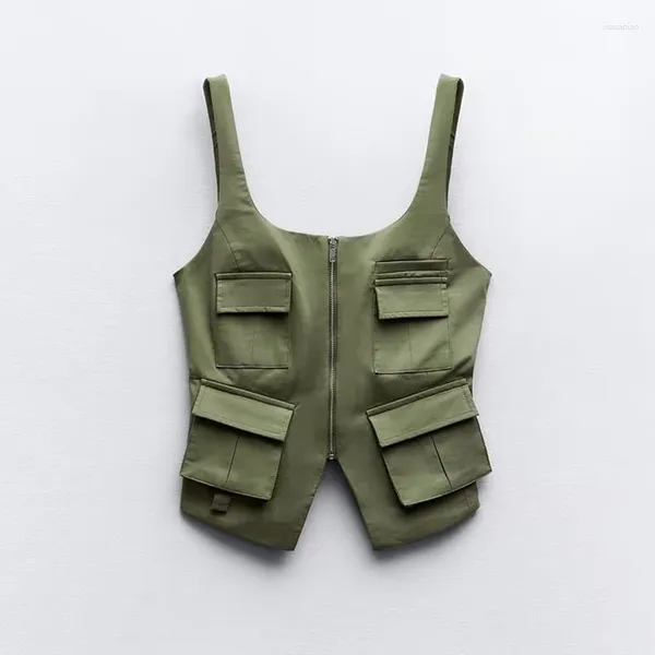 Camisetas sin mangas para mujer, chaleco con bolsillo de moda 2023, chalecos sin mangas de verano para mujer, chaleco elegante con cuello en V y cremallera para mujer, Tops verde militar