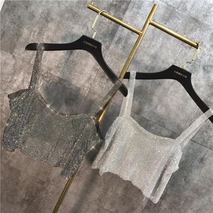 Camiseta sin mangas para mujer, moda 2023, Sexy, para fiesta en Club, con diamantes de imitación remendados, Bck, ahuecado, brillante, ostentoso, con tirantes finos, chaleco, Top corto