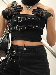 Damestanks 2023 Gothic Black Denim Tube Top Punk Style Belt Patchwork Strapless Corset Tops Women Streetwear Y2K Tee Dark Academic Chic