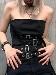 Damestanks 2023 Gothic Eyelet Buckle Corset Top Zwart Goth Techwear Strapless Punk Style Tube Tops Women Dark Academic Streetwear Tank