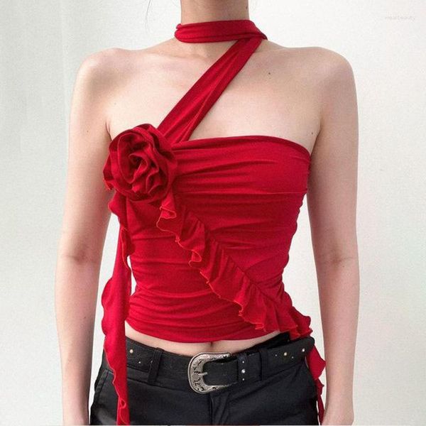 Tanques de mujer 2023 nicho moda diseño de flores tridimensionales con cuello de una línea Irregular correa para el cuello puro deseo y un sujetador delgado