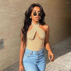 Damestanks 2023 Plaid Women Halter Hollow Out Bacleloze bodycon Sexy Sweet Elegant Streetwear Autumn Winter Club Corset Top Bustier