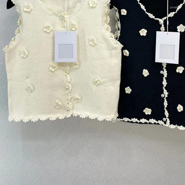 Femmes réservoirs 2023 printemps mode haute qualité laine gilet pour femmes à la main 3D crochet fleur o-cou perles décontracté débardeur femme