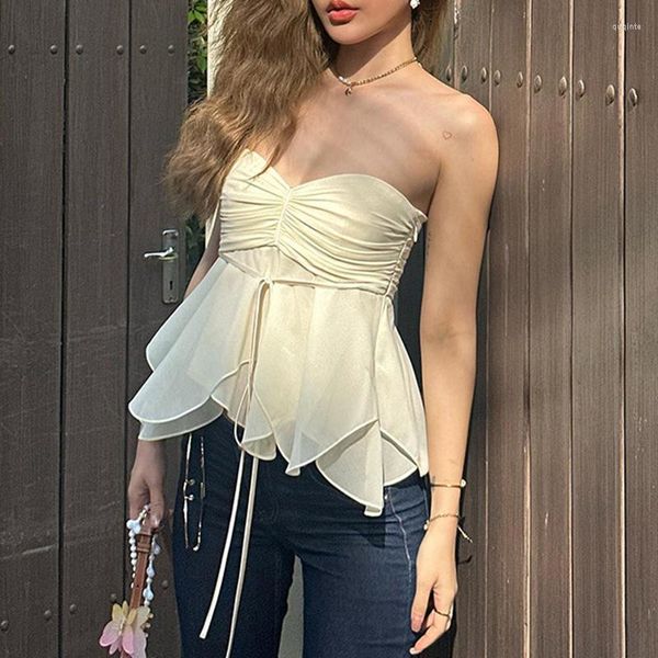 Tanques de mujer 2023 Verano Irregular Hem Bra Top Slim Fit Plisado V-Cuello Lace Up