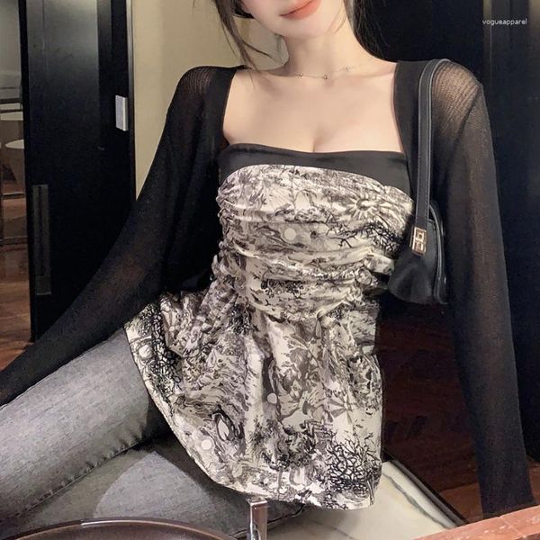 Tanks pour femmes 2023 Été à imprimé floral coréen sexy plissée mince camisole Femmes T-shirt à manches longues à manches longues irrégulières