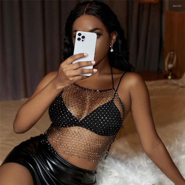 Camisetas sin mangas para mujer 2023 verano Sexy malla Crop Tops para mujer negro blanco diamantes de imitación fiesta ver a través de rejilla Bikini tanque ahueca hacia fuera sin espalda