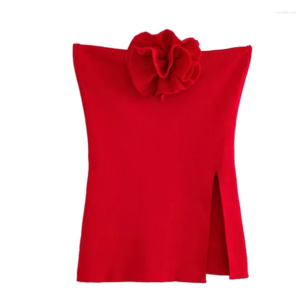 Débardeurs pour femmes 2023 Vêtements d'été sans bretelles tricoté fleur décoration gilet col droit sans manches mince rouge polyvalent haut fendu