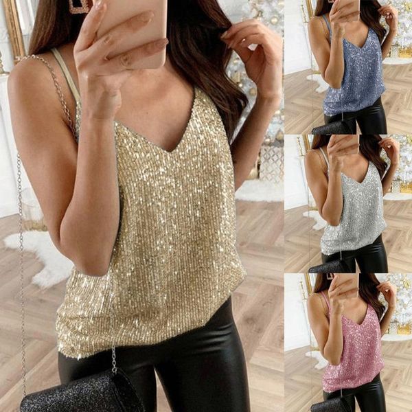 Débardeurs pour femmes 2023 Womens Sequin Glitter Tank Strappy Tops Ladies Shiny Sexy Camis V-cou Swing Sparkle Vest Night Clubwear Party
