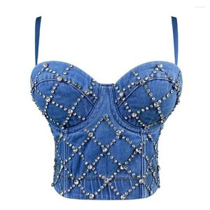 Tanks féminins 2024 Automne Denim Rhingestone Cropped Women Sexy Top avec des tasses Push Up Camisole Bustier Corset Femme Performance Ropa Mujer