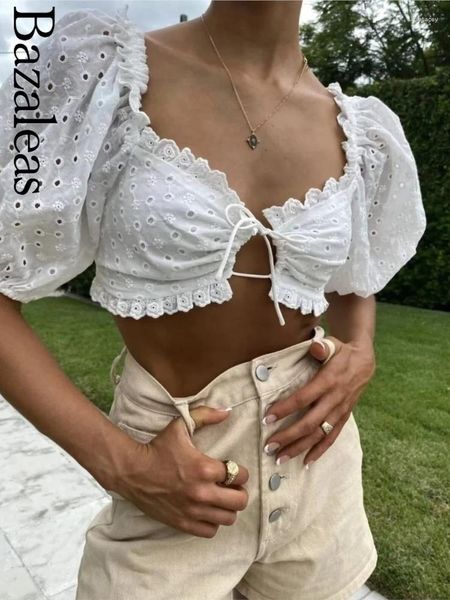 Tanks féminins 2024 Bazaleas Elegant broderie corset front laçage up women tops white white square collier t-shirt t-shirt top