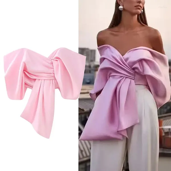 Tanks pour femmes 2024 arc rose rose tops femme satin ruched top femmes asymétrique hors épaule