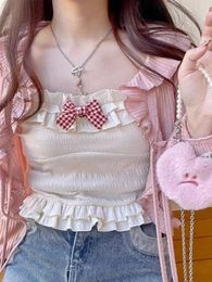 Tanks pour femmes 2024 Kawaii Candy Couleur Crop Top Femmes Japonais Lolita Sweet Tank Ruffle Court Tee Shirt Tout Match Mignon Tops Été