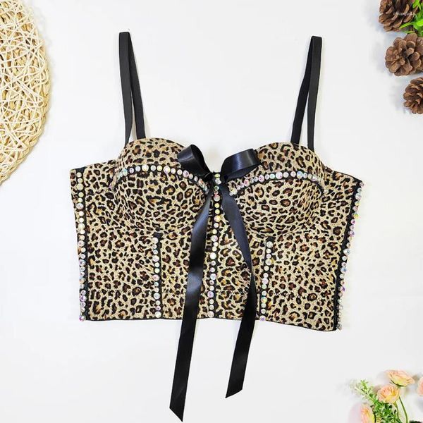 Tanks féminins 2024 Leopard Imprimer VIET CORSET Femmes Bow Diamonds Perge Party Night Club Sexy Bustier Push-Up Bra Crop Top French 44935