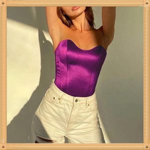 Débardeurs pour femmes 2024 Satin Corset Crop Top Sans Bretelles Vert Été Sexy Tube Hors Épaule Fête Sans Manches Bustier Débardeurs Femmes