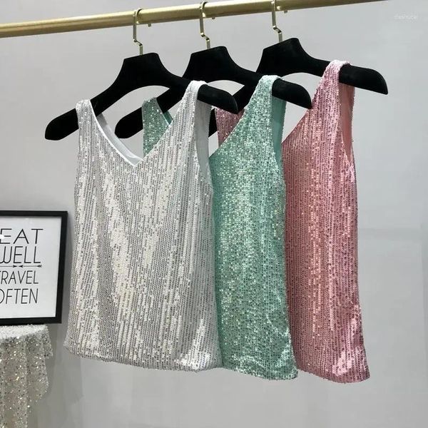 Camisetas sin mangas para mujer, chaleco con lentejuelas brillantes, ropa de actuación Sexy de verano, camisa sin mangas para club nocturno, Top para mujer 2024