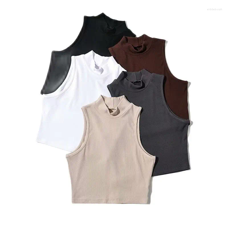 Débardeurs pour femmes 2024 Été Noir Femmes Mode Crop Top Casual Plain Col Haut Blanc Sans Manches Quotidien Basique Débardeurs Y2K 5 Couleurs