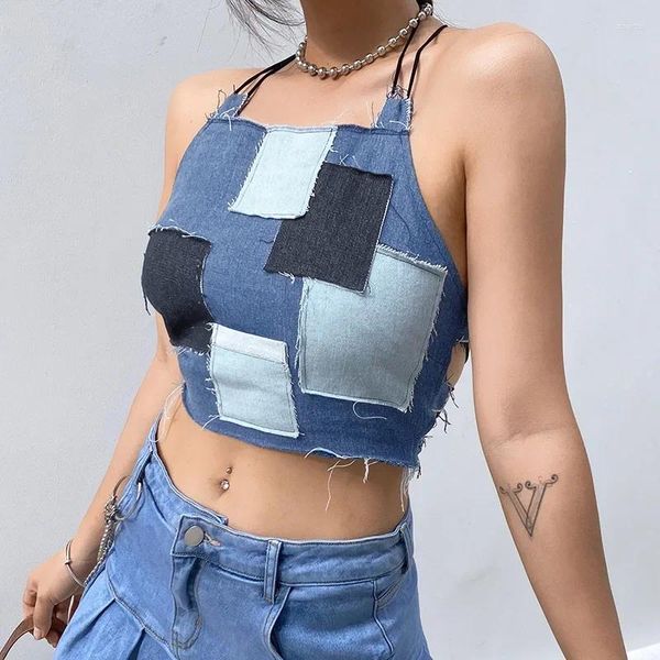 Tanques de mujer 2024 Summer Cami Tops Vintage Patchwork Blue Denim Crop Top Mujeres Sexy Slim Backless All-Match Cordón Jeans Camisole