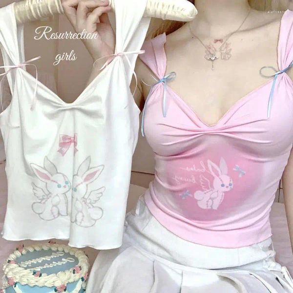 Tanks pour femmes 2024 Été Mignon Fille Peinte à la main Lapin cassé Bow Noeud Ballet Style Dos Nu Slim Élastique Camisole Sexy Top Tops Kawaii