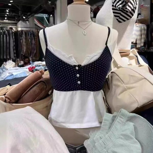 Tanks pour femmes 2024 Dot de Dot Summer Trim Sweet Top Femme Trois boutons Coton Sexe Slim Crops Crops vintage Y2K