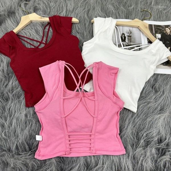 Camisetas sin mangas para mujer, Top corto de estilo coreano con sujetador acolchado, camiseta sin mangas de algodón Y2k, ropa informal ajustada para mujer, camisetas rojas lisas 2024