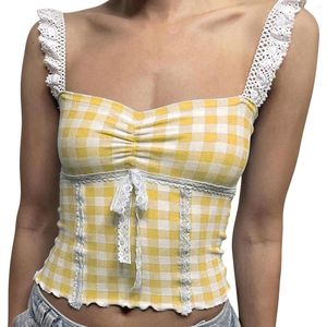 Débardeur imprimé écossais sans manches pour femme, haut court, Sexy, Slim, garniture en dentelle, dos nu, gilet décontracté, Camisole, été, 2024