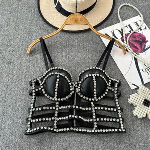 Tanks féminins 2024 Été sexy Solid Pu cuir look bustier Crop Corset Top Party Clubwear Streetwear Diamonds Vest Y2k Femme