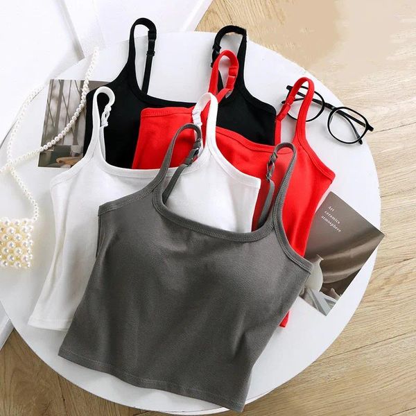 Tanks pour femmes 2024 Summer Femmes Crop Tops avec soutien-gorge rembourré Soid Coton Sangle réglable Camisole Mode sans manches Y2K Gilet Débardeur rouge