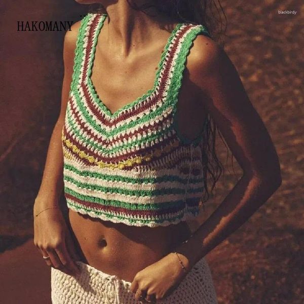 Tanks pour femmes 2024 Femmes Summer Cropped Tops Rétro Cool Girl Short Tee Holiday Harajuku Fait à la main Creux Crochet Coloré Rayé