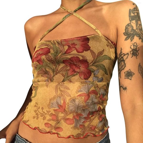 Tanks féminins 2024 Y2K Mesh Sheer Floral T-shirt E-Girl Vintage Halter Tops Femmes Slim Slim Fit Top Harajuku Streetwear