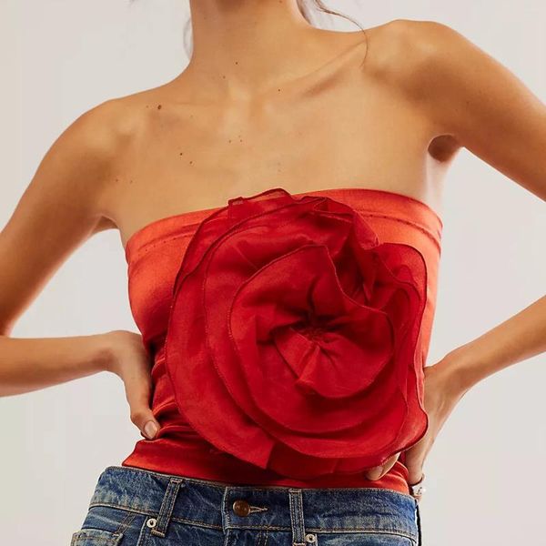 Débardeurs pour femmes, hauts tubulaires à fleurs 3D, sans bretelles, couleur unie, Bandeau, T-Shirts Slim Fit