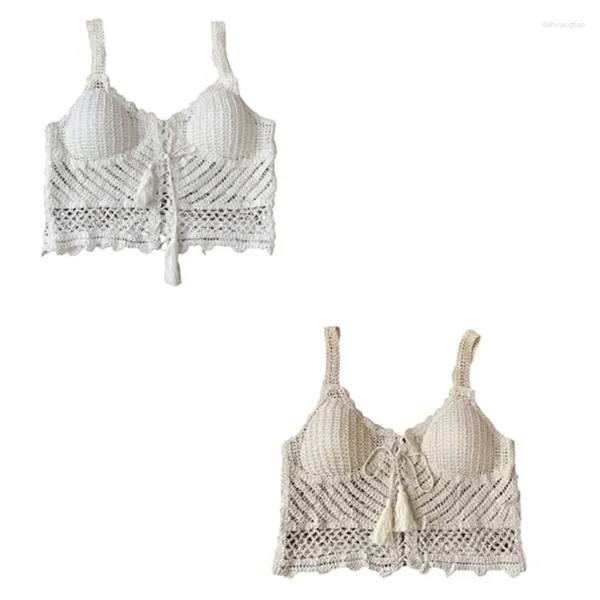 Tanques de mujer 50JB Mujeres Crochet Punto Sin mangas Crop Top Bohemio Lace-Up Frente Acolchado Chaleco