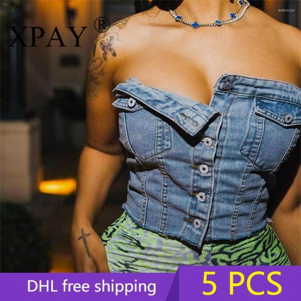 Débardeurs pour femmes 5 pièces en gros articles en vrac Denim élastique bouton vers le bas haut poitrine Wrap Crop femmes 2023 été simple boutonnage Sexy Y2k X11350_1