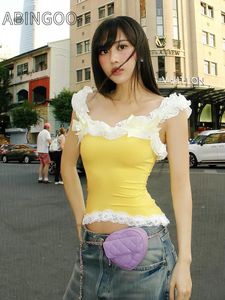Tanks pour femmes Abingoo Lace Trim Crop top japonais 2000S Style Y2k Just Tops Tops jaune Noir Vêtements d'été Femmes 2024