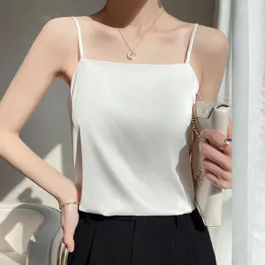 Camisola de satén de acetato para mujer, traje Sexy de seda de imitación blanca con cuello en V y Top holgado y fino de verano 2024