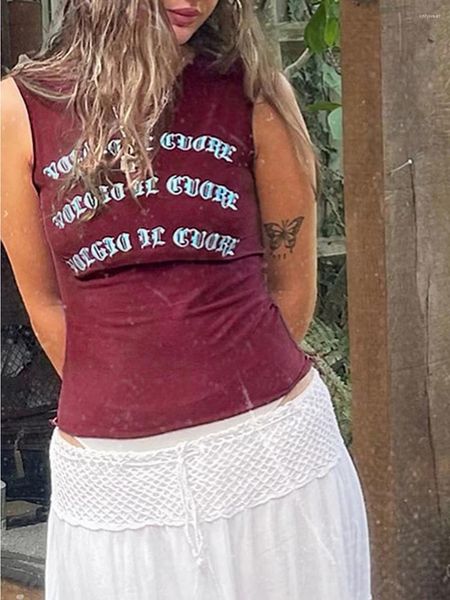 Camisetas sin mangas para mujer Achlibe Camisetas sin mangas recortadas ajustadas para mujer Chaleco con estampado de letras y cuello redondo sin mangas Ropa para salir de los años 2000 Camis (rojo vino S)