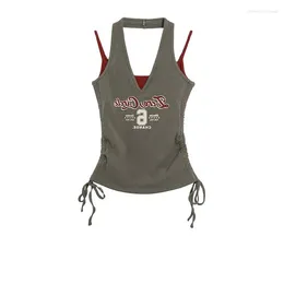 Tanks pour femmes Anivia Y2K Faux Two Hang Neck Vest Femme 2023 Summer Spice Girl Imprimer Slim Style court Design de mode Gris