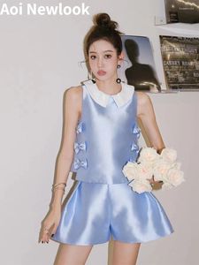 Dames Tanks Aoi Mode Elegant Blauw Pak Dames Y2k Zomer Strik Vest Top Empire Taille Broek Rok Hoge kwaliteit 2-delige set Spot Goods