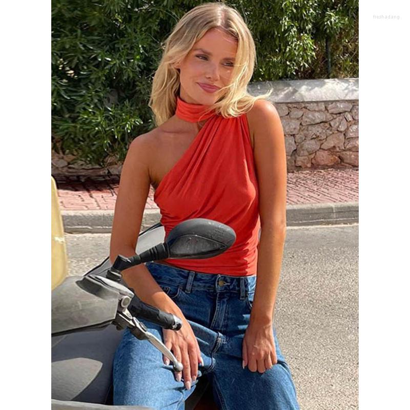 Women's Tanks Backless Sexy Off Shoulder Halter Tank Tops Women Vintage Sleeveless Crop Top Y2K Clothes Club Female Casual Summer 2023