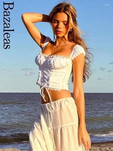 Tanks pour femmes Bazaleas Elegant White Lace Patchwork Top Sexy Front Front Camis Summer Holiis Y2K Crop Cotton