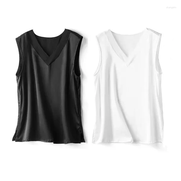 Réservoirs pour femmes Birdsky Summer 1PC Mulberry Soie Femmes Bureau Lady Débardeurs Gilet T-shirts Col V Noir Blanc Solide Couleur S-233