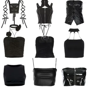 Tanks pour femmes Black Mesh Lace Up Bandage Crop Top Fée Grunge Vêtements Esthétique Cyber Y2k Mall Goth Sexy Mignon Vêtements Tank Femmes