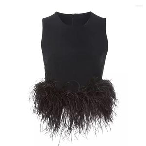 Tanks pour femmes Noir Patchwork Plumes Chemise de mode coréenne Femmes Col rond Sans manches Slim Blanc Tops Femme Autruche Cheveux Gland Été